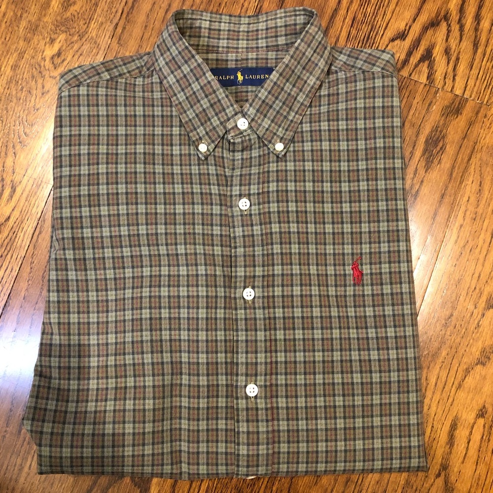 RALPH LAUREN Long Sleeve Olive Green Plaid Button Down Dress Shirt Sz Large